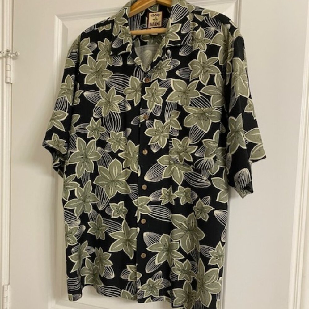 TOMMY BAHAMA 100% silk * BLACK Khaki CREAM chest pocket TROPICAL PRINT shirt * L